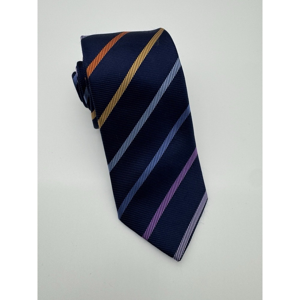 Haines & Bonner London Silk Tie Navy Blue Striped Orange Gold Purple Classic